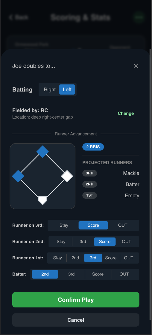 Screenshot demonstrating how to advance runners on the base paths