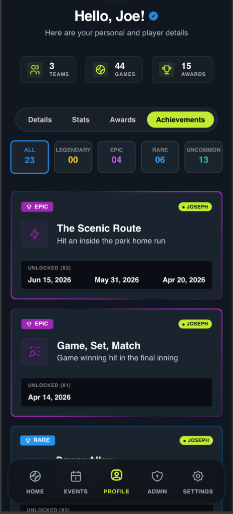 Player profile view showing unlocked milestones and achievements with rarity tags