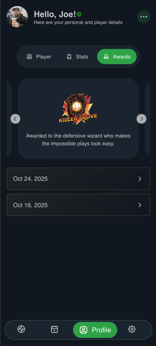 Profile view showing a collection of player awards and badges