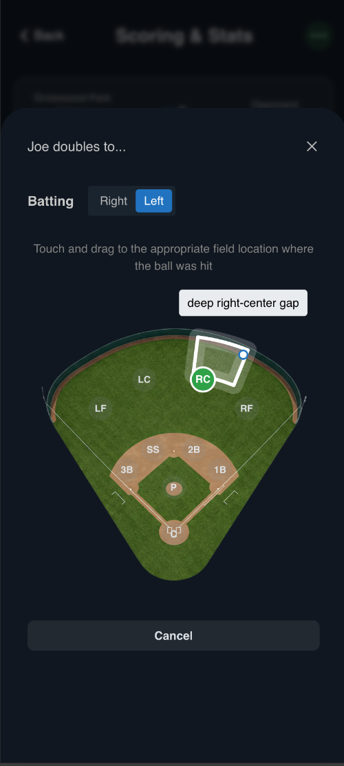 Screenshot of the field input interface for recording hit locations